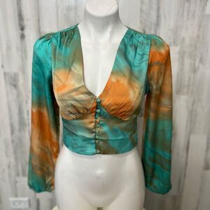 Milk & Honey Tie Dye Crop Top Small Long Sleeve Button Front Blouse